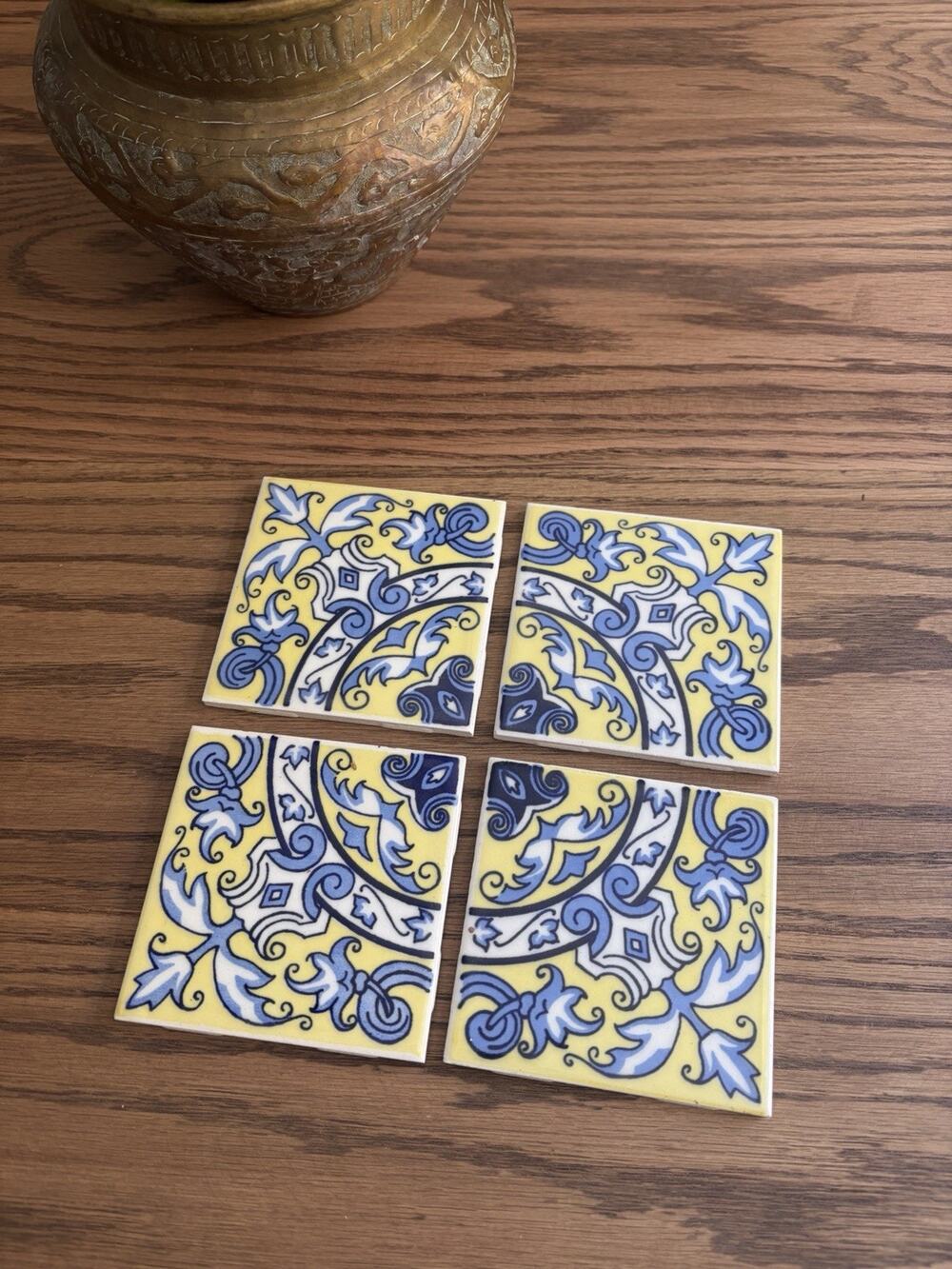 Vintage Ceramic Tiles Mexico Navy Blue White Yellow Talavera Style Tiles (4)